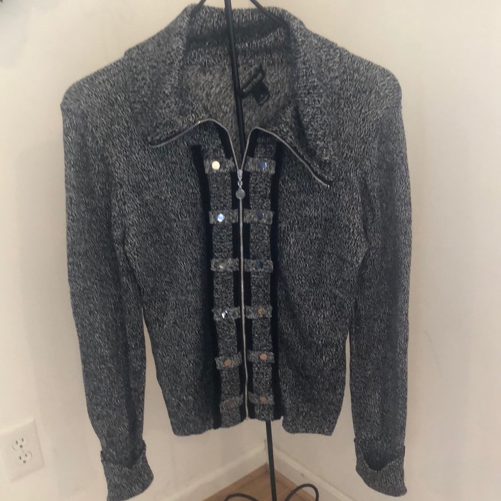 WHBM black zip cardigan with silver thread detail large